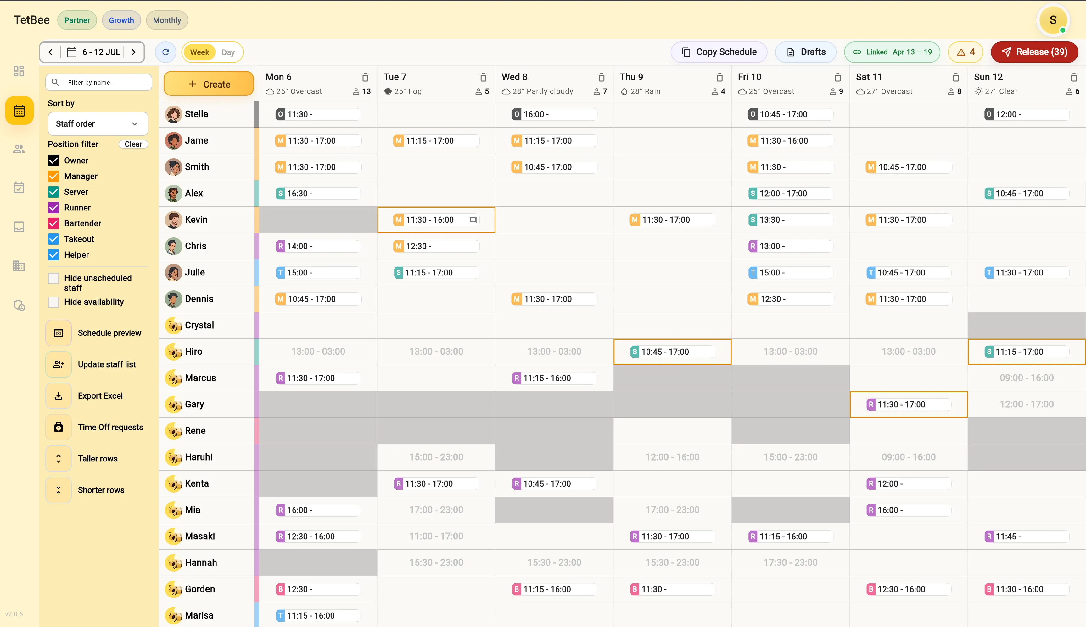 TetBee weekly schedule table with shifts across the week