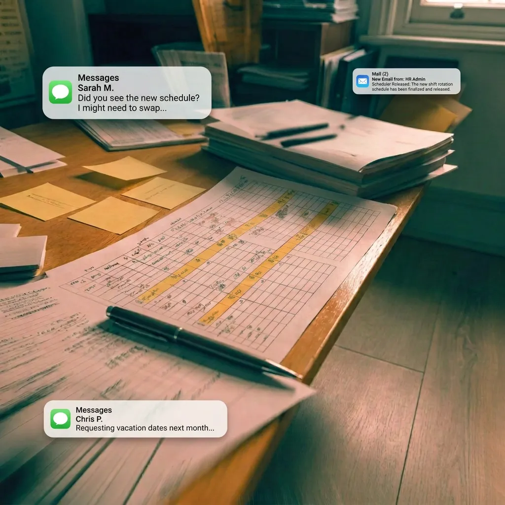 A desk covered in paper schedules, sticky notes, and handwritten sign-out sheets
