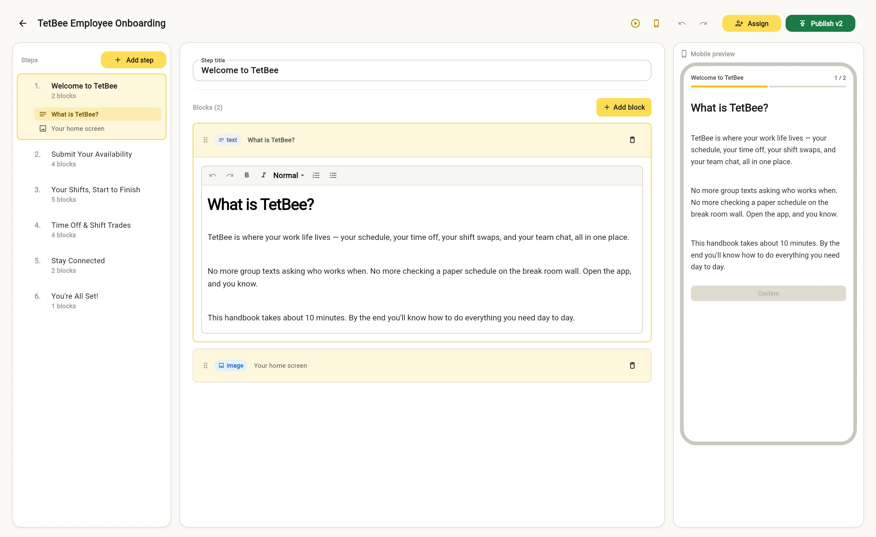 Handbook editor with onboarding steps and a live mobile preview