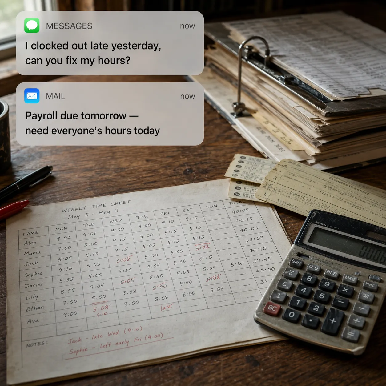 A hand-written timesheet, a calculator, and a payroll deadline note on a desk