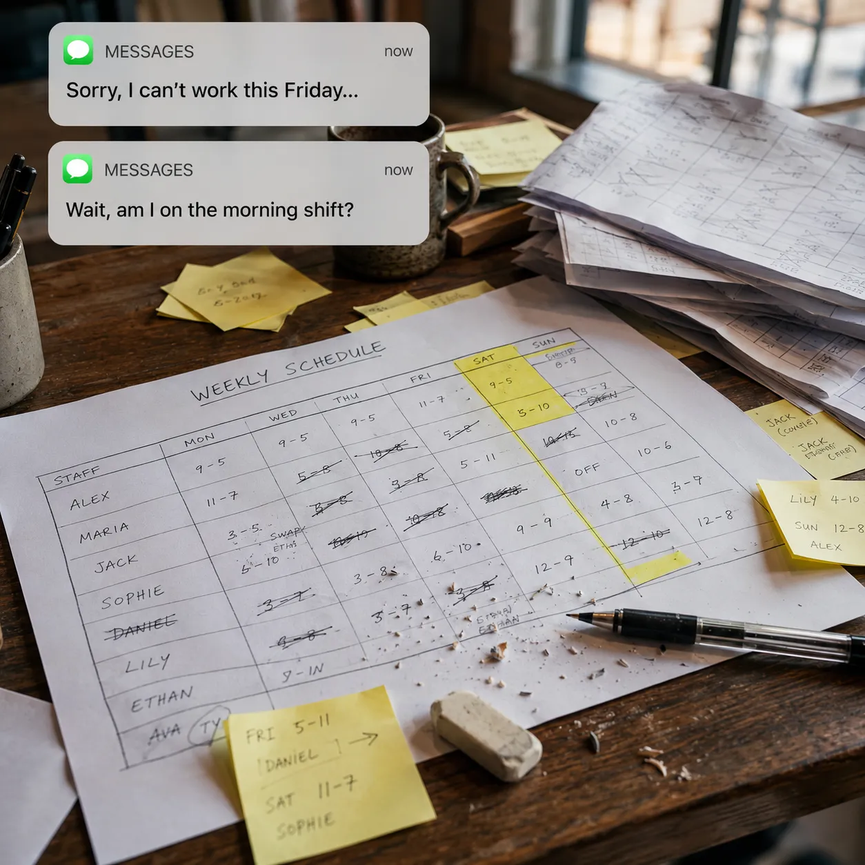 A desk covered with a hand-written weekly schedule full of corrections and shift-change notes
