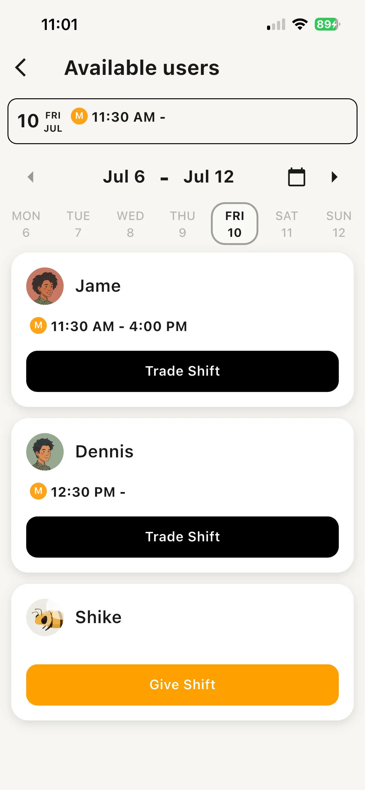Requesting a shift trade with a coworker in TetBee