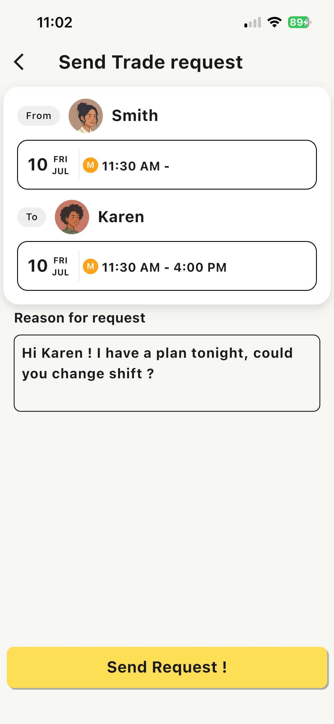 Shift trade request awaiting approval