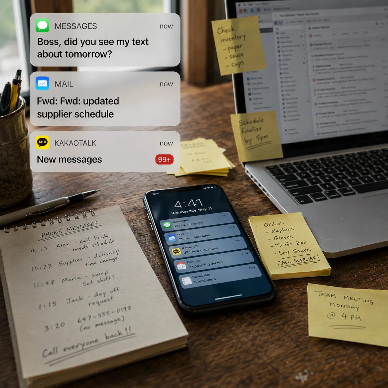Text, email, and messenger notifications scattered across multiple devices