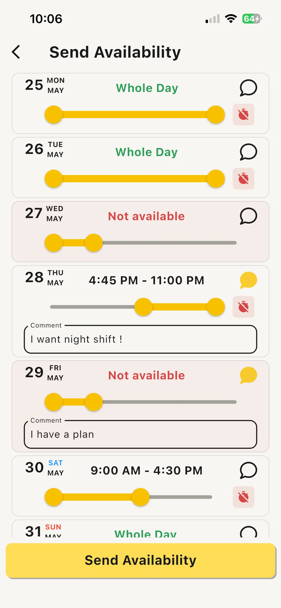 Weekly availability calendar in the TetBee app
