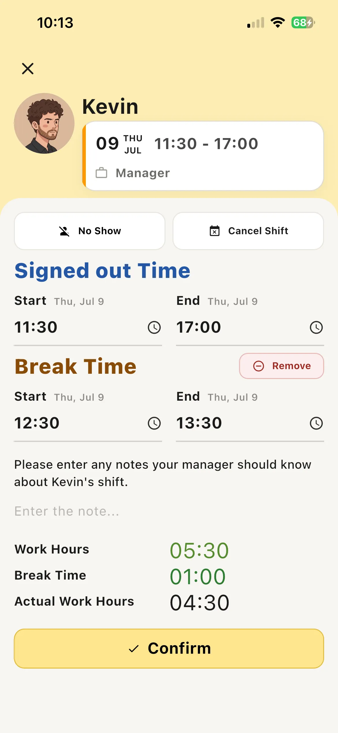 Shift sign-out review in the TetBee app